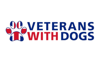 Veterans With Dogs Logo with a paw print pattered with a union jack flag
